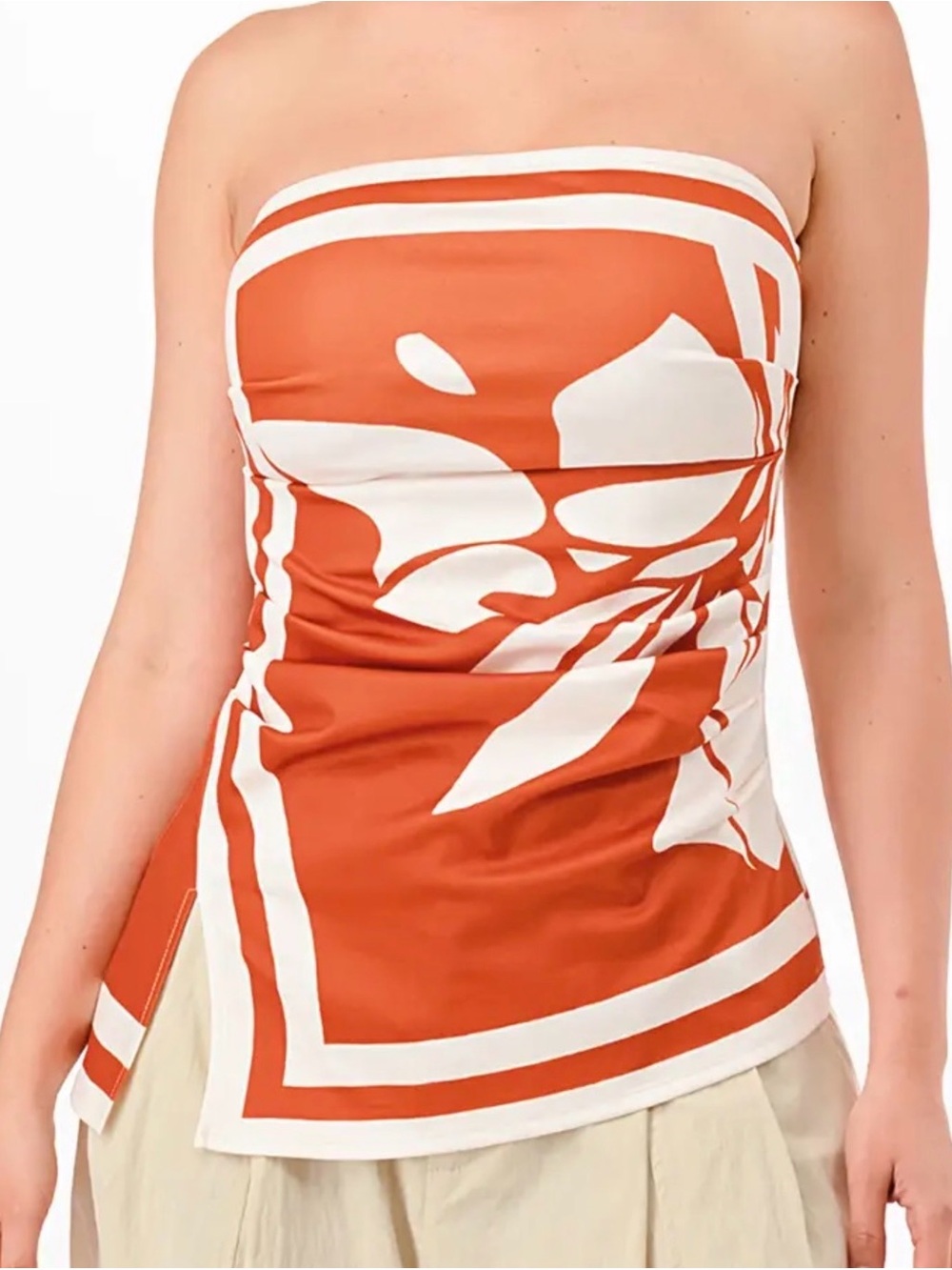 Strapless Rust Orange & Off White Floral Scarf Top